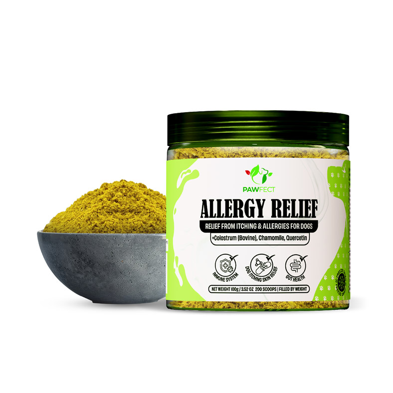 Pawfect Allergy Relief food Topper Supplement for Dogs | Colostrum with Chamomile & Quercetin | Itching Relief | Immune Support | Healthy Gut Mircobiome (100g/3.53oz)