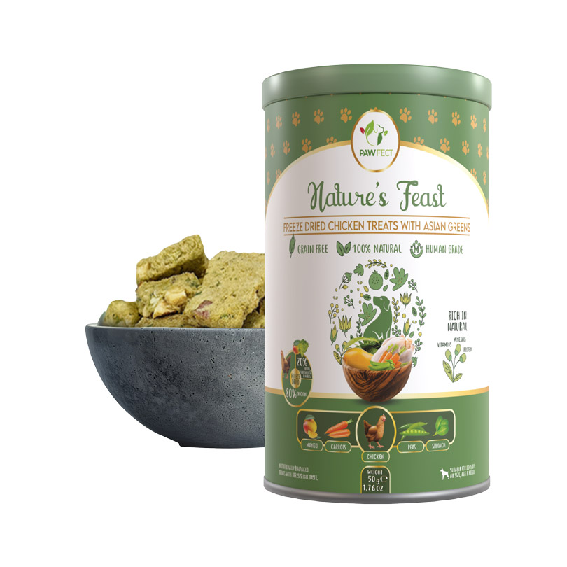 Pawfect Nature's Feast Freeze-Dried Treats with Asian Greens for dogs | 80% Chicken, 20% Veggies & Fruits|100% Natural|Grain-Free|High Protein |Limited Ingredient Training Treat (50g/1.76oz)