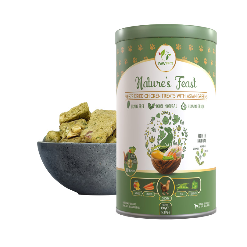 Pawfect Nature's Feast Freeze-Dried Treats with Asian Greens for dogs | 80% Chicken, 20% Veggies & Fruits|100% Natural|Grain-Free|High Protein |Limited Ingredient Training Treat (150g/5.29oz)