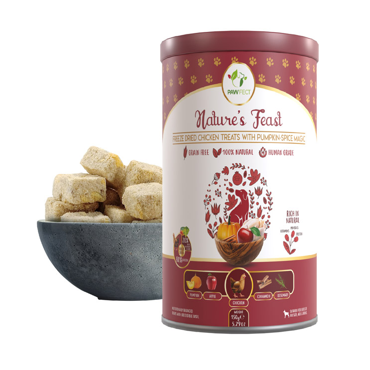 Pawfect Nature's Feast Pumpkin Spice Magic Freeze-Dried Chicken Treats for dogs | 80% Chicken, 20% Pumpkin Spice | Hypoallergenic | Grain-Free | Promotes Immunity | Supports Digestion (150g/5.29oz)