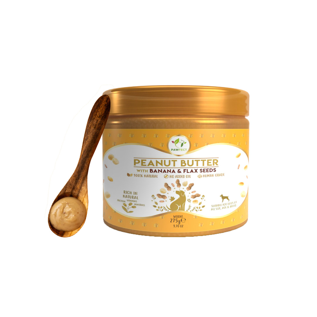 Pawfect Peanut Butter with Banana & Flaxseeds for Dogs & Puppies | 100% Natural| No Added Sugar, Salt, Palm Oil | No Sweeteners, No Xylitol | Healthy Dog Treat | (275g/9.70oz)