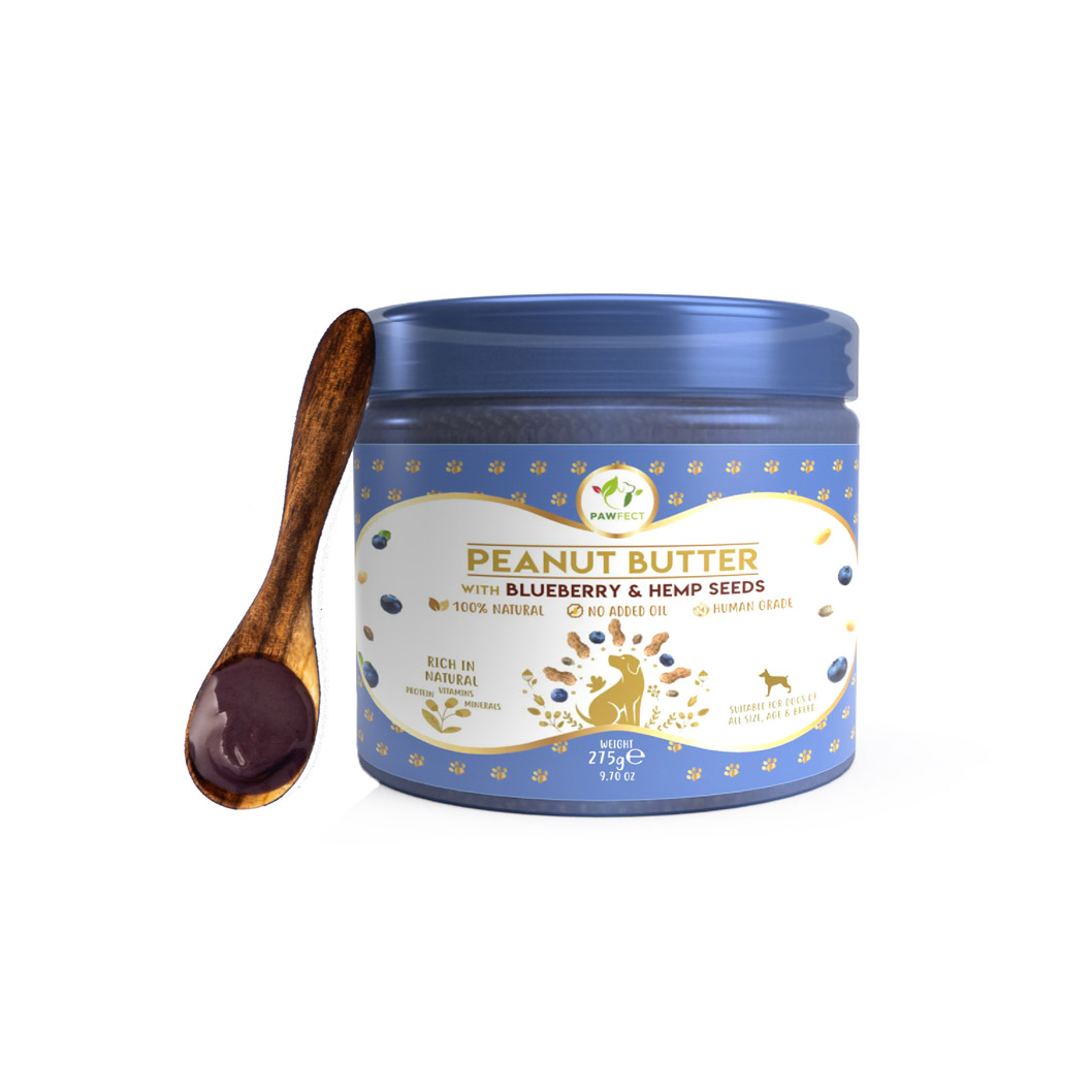 Pawfect Peanut Butter with Blueberries & Hempseeds for Dogs & Puppies | 100% Natural | No Added Sugar, Salt, Palm Oil | No Sweeteners, No Xylitol | Healthy Dog Treat | (275g/9.70oz)