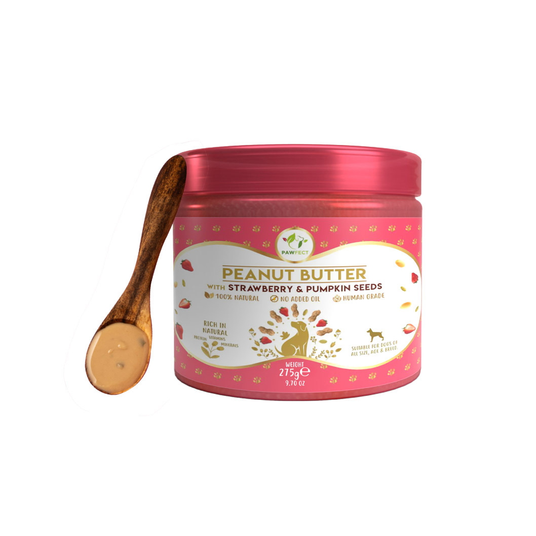 Pawfect Peanut Butter with Strawberry & Pumpkin Seeds for Dogs & Puppies | 100% Natural| No Added Sugar, Salt, Palm Oil | No Sweeteners, No Xylitol | Healthy Dog Treat (275g/9.70oz)
