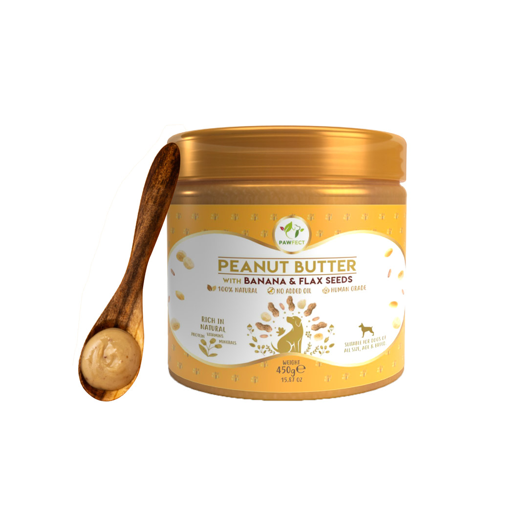 Pawfect Peanut Butter with Banana & Flaxseeds for Dogs & Puppies | 100% Natural| No Added Sugar, Salt, Palm Oil | No Sweeteners, No Xylitol | Healthy Dog Treat | (450g/15.87oz)