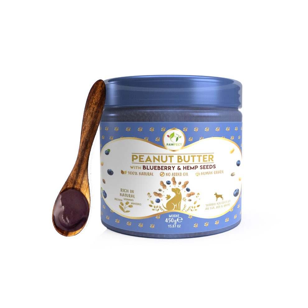 Pawfect Peanut Butter with Blueberries & Hempseeds for Dogs & Puppies | 100% Natural Peanut Butter | No Added Sugar, Salt, Palm Oil | No Sweeteners, No Xylitol | Healthy Dog Treat | (450g/15.87oz)