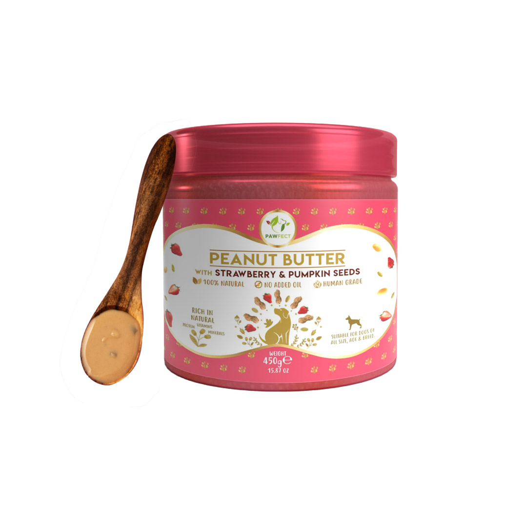 Pawfect Peanut Butter with Strawberry & Pumpkin Seeds for Dogs & Puppies | 100% Natural| No Added Sugar, Salt, Palm Oil | No Sweeteners, No Xylitol | Healthy Dog Treat (450g/15.87oz)