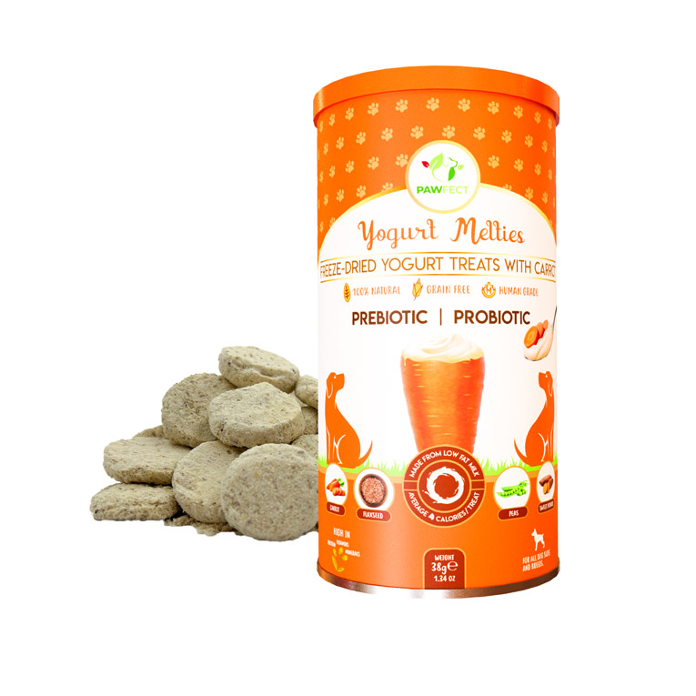 Pawfect Yogurt Melties Pre and Probiotic Dog Treats with Carrot, Flaxseed, Pea & Sweet Potato | Healthy Gut | Low Calories | Grain & Gluten Free | Reward or Training Treats (38g/1.34oz)