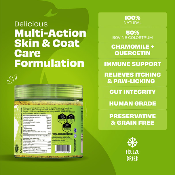 Pawfect Allergy Relief food Topper Supplement for Dogs | Colostrum with Chamomile & Quercetin | Itching Relief | Immune Support | Healthy Gut Mircobiome (100g/3.53oz)