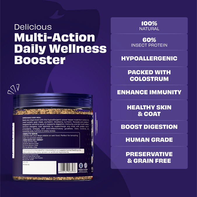 Pawfect Magic Morsel Daily Food Topper for Dogs | Hypoallergenic | Insect Protein & Goat Meat | Flaxseed, Turmeric, Colostrum & Blueberries | Immunity, Digestion, Skin & Coat Support (185g/6.52oz)