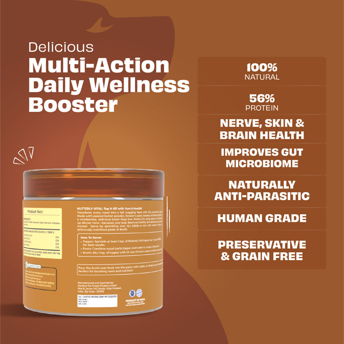 Pawfect Nutterly Vital Peanut Butter Powder | Daily Topper for Dogs | All Natural | Brewer's Yeast & Blue Spirulina | Improves Nerve, Skin, Brain Health & Gut Microbiome | Anti Parasitic (250g/8.82oz)