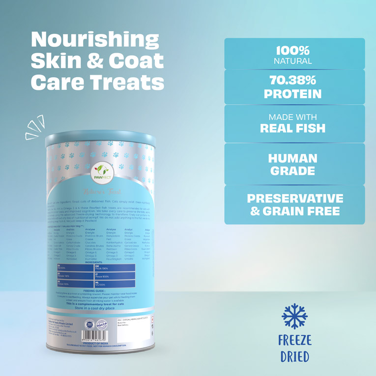 Pawfect Nature's Feast Freeze-Dried Fish Meat Treats for Cats | Omega-3 Rich for Shiny Coat & Joint Care | 100% Natural | Grain-Free | Hypoallergenic | Training Treat (150g/5.29oz)