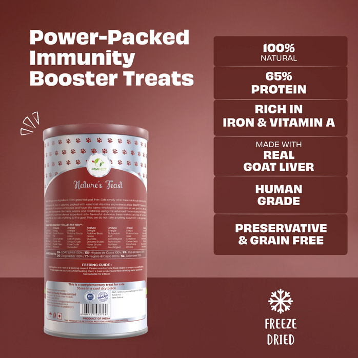 Pawfect Nature's Feast Freeze-Dried Goat Liver Treats for Cats| 100% Natural| Hypoallergenic| Easily Digestible| Grain-Free| Training Treat| Multifunctional| High Protein| Low Fat treats (150g/5.29oz)