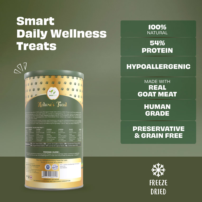 Pawfect Nature's Feast Freeze-Dried Goat Meat Treats for Cats| 100% Natural| Hypoallergenic| Easily Digestible| Grain-Free| Training Treat| High Protein| Low Fat| Single Ingredient treats(150g/5.29oz)