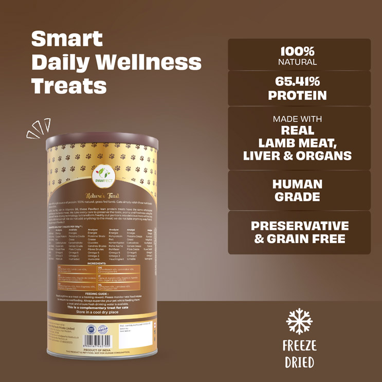 Pawfect Nature's Feast Freeze-Dried Lamb Meat Treats for Cats| 100% Natural| Hypoallergenic| Easily Digestible| Grain-Free| Training Treat| High Protein| Low Fat| Single Ingredient treats(150g/5.29oz)