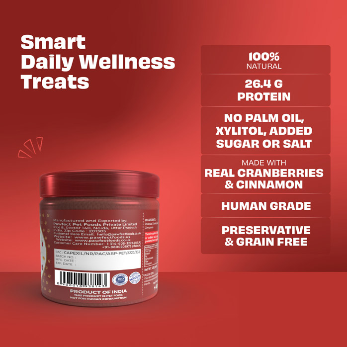 Pawfect Peanut Butter with Cranberry & Cinnamon for Dogs & Puppies | 100% Natural Peanut Butter | No Added Sugar, Salt, Palm Oil | No Sweeteners, No Xylitol | Healthy Dog Treat | (275g/9.70oz)