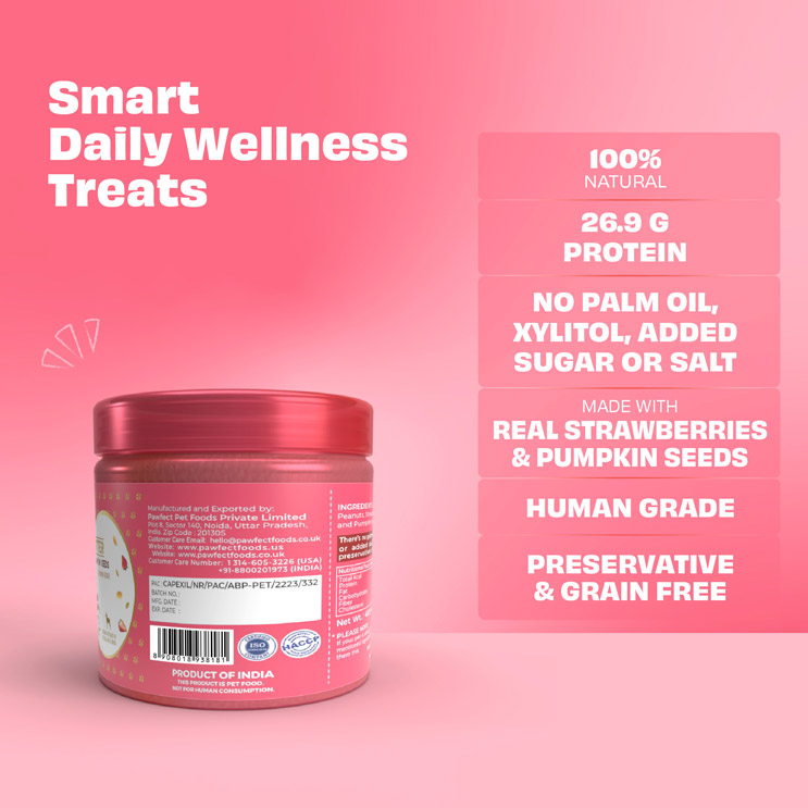 Pawfect Peanut Butter with Strawberry & Pumpkin Seeds for Dogs & Puppies | 100% Natural| No Added Sugar, Salt, Palm Oil | No Sweeteners, No Xylitol | Healthy Dog Treat (275g/9.70oz)