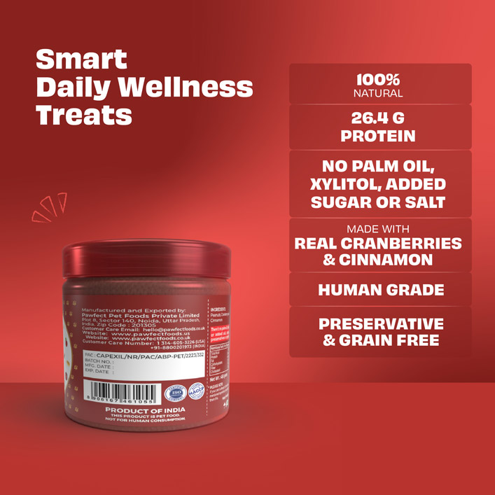 Pawfect Peanut Butter with Cranberry & Cinnamon for Dogs & Puppies | 100% Natural| No Added Sugar, Salt, Palm Oil | No Sweeteners, No Xylitol | Healthy Dog Treat | (450g/15.87oz)