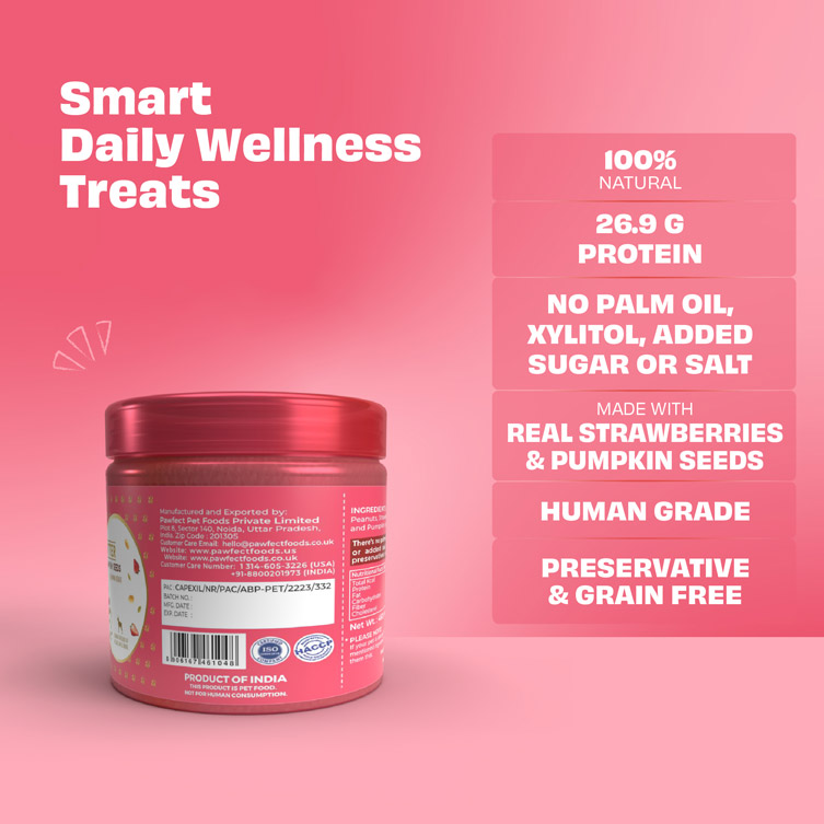 Pawfect Peanut Butter with Strawberry & Pumpkin Seeds for Dogs & Puppies | 100% Natural| No Added Sugar, Salt, Palm Oil | No Sweeteners, No Xylitol | Healthy Dog Treat (450g/15.87oz)