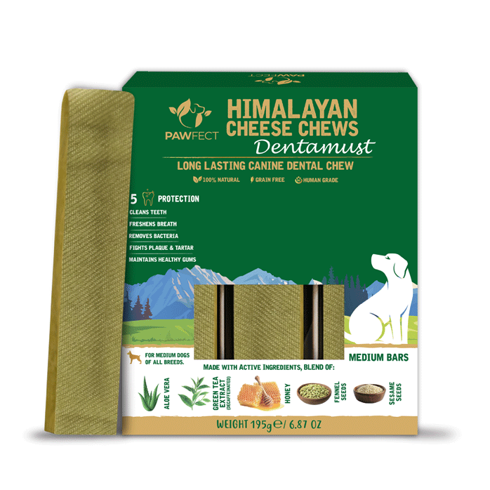 Pawfect Dentamust Himalayan Cheese Chew with Aloe, Honey & Green Tea for Dogs| Long lasting dental chew with Superfoods |All Natural, High protein| Grain-free | Pack of 3 for medium Dogs (195g/6.88oz)