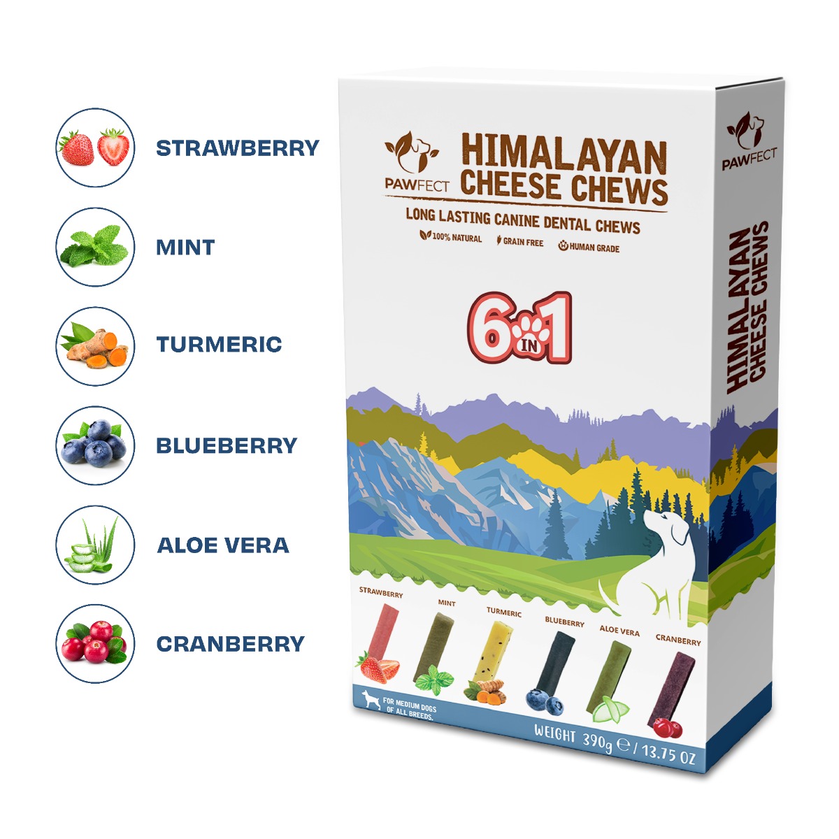 Pawfect Himalayan Cheese Chew for Medium Dogs | Variety Pack of 6 | Strawberry, Blueberry, Cranberry, Aloe, Turmeric, Mint |Grain-free, All Natural long-lasting dental chews(390g/13.76oz)