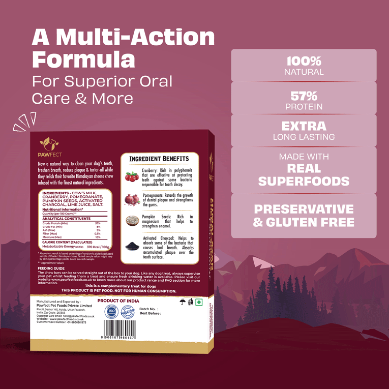 Pawfect Dentamust Himalayan Cheese Chew with Cranberry & Pomegranate for Dogs|Long lasting dental chews with Superfoods |All Natural, High protein|Grain-free | Pack of 3 for Large Dogs (420g/14.81oz)