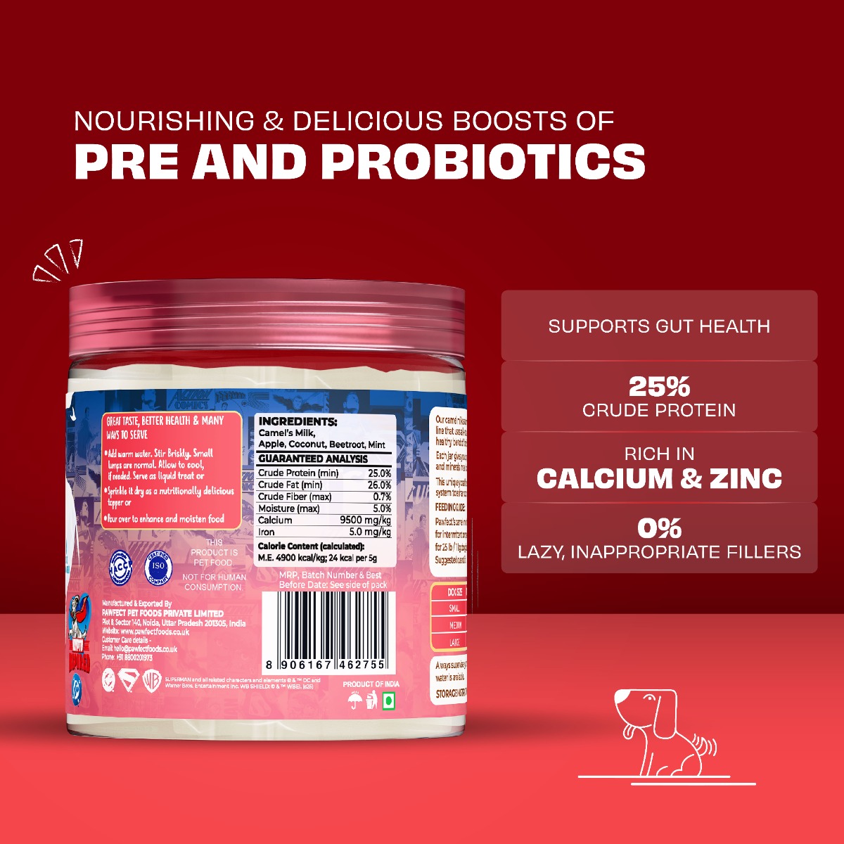 Pawfect Nature's Sip Camel Milk Powder with Apple, Coconut, Beetroot & Mint for dogs | Superman Edition | Easily Digestible| Pre & Probiotics| Healthy Topper| Hydration Support| 30 sservings (150g/5.29oz)