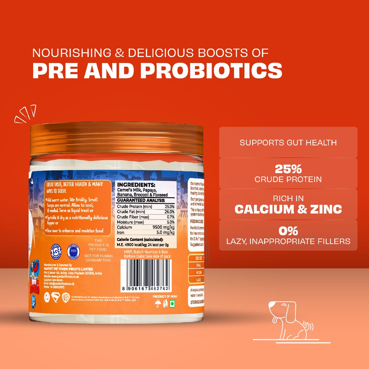 Pawfect Nature's Sip Camel Milk Powder with Papaya, Banana, Broccoli & Flaxseeds| Superman Edition | Easily Digestible| Pre & Probiotics| Healthy Topper| Hydration Support| 30 scoops (150g/5.29oz)