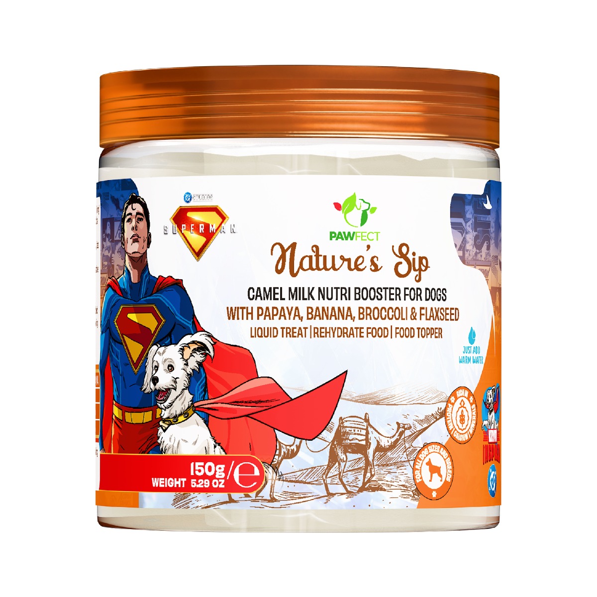 Pawfect Nature's Sip Camel Milk Powder with Papaya, Banana, Broccoli & Flaxseeds| Superman Edition | Easily Digestible| Pre & Probiotics| Healthy Topper| Hydration Support| 30 scoops (150g/5.29oz)