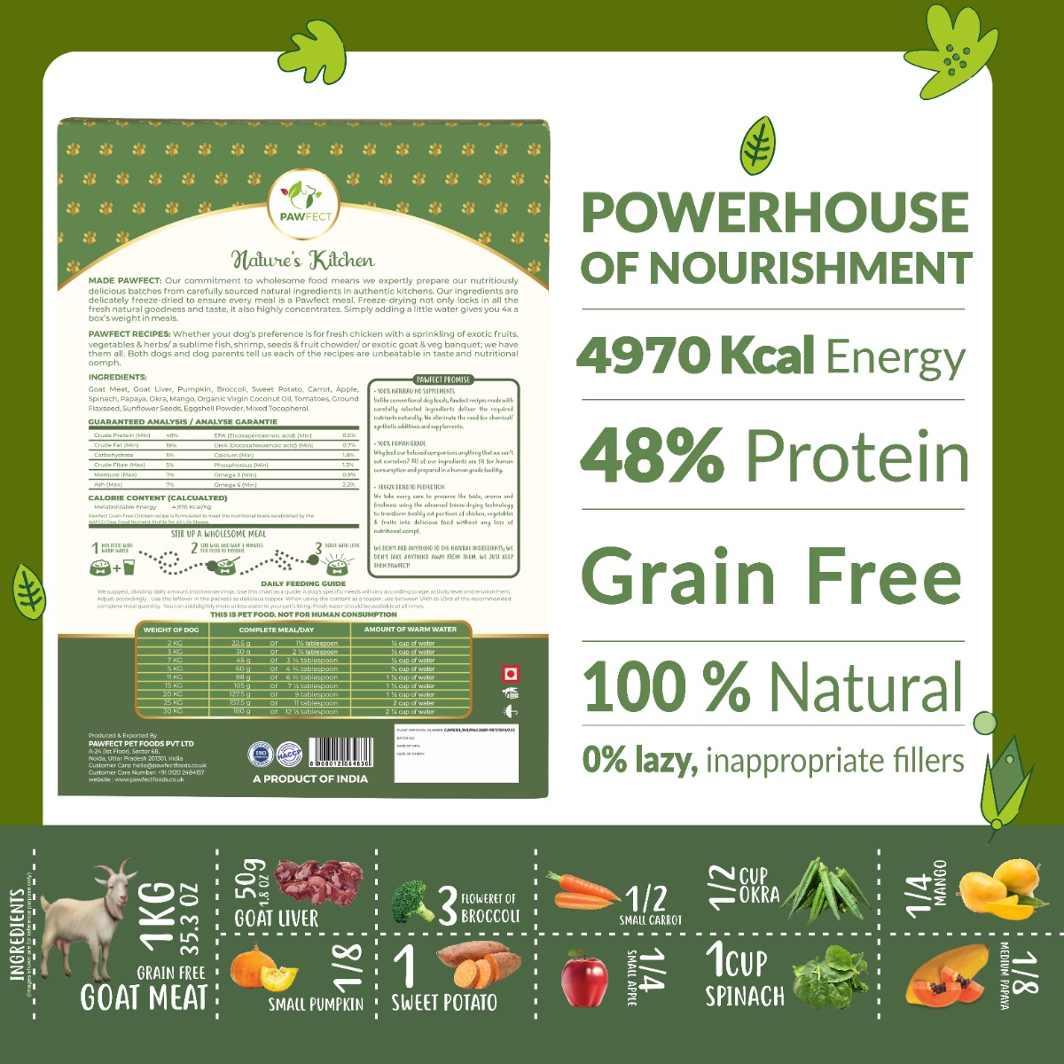 Pawfect Nature's Kitchen Freeze-Dried Goat Recipe Dog Food | Complete & Balanced Meal | Hypoallergenic & Gentle on Digestion | 100% Natural | Grain-Free | Rich in Essential Nutrients (500g/17.64oz)