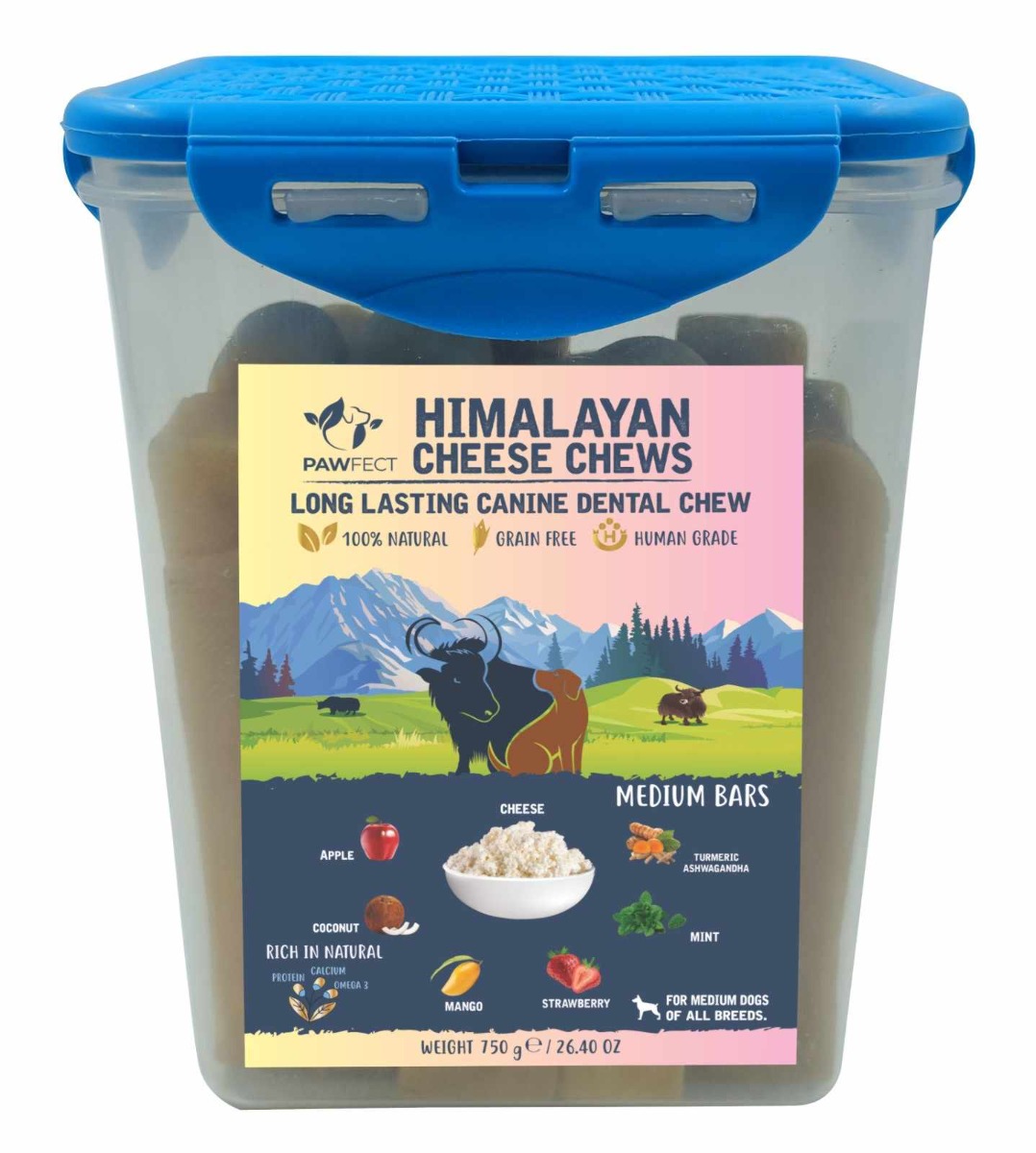 Pawfect Himalayan Cheese Chews with Apple, Mango & Coconut for medium Dogs | All Natural dental stick | Rich in Protein & Calcium | Grain-free | Long-lasting chew |Pack of 10 (750g/26.45oz)